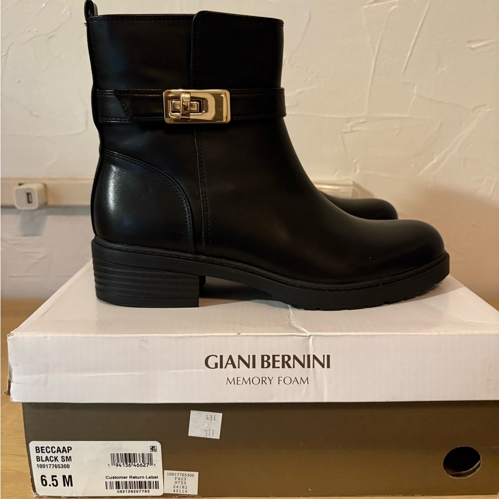 BECCA Black Ankle Boots with Quilted Design and Gold Buckle